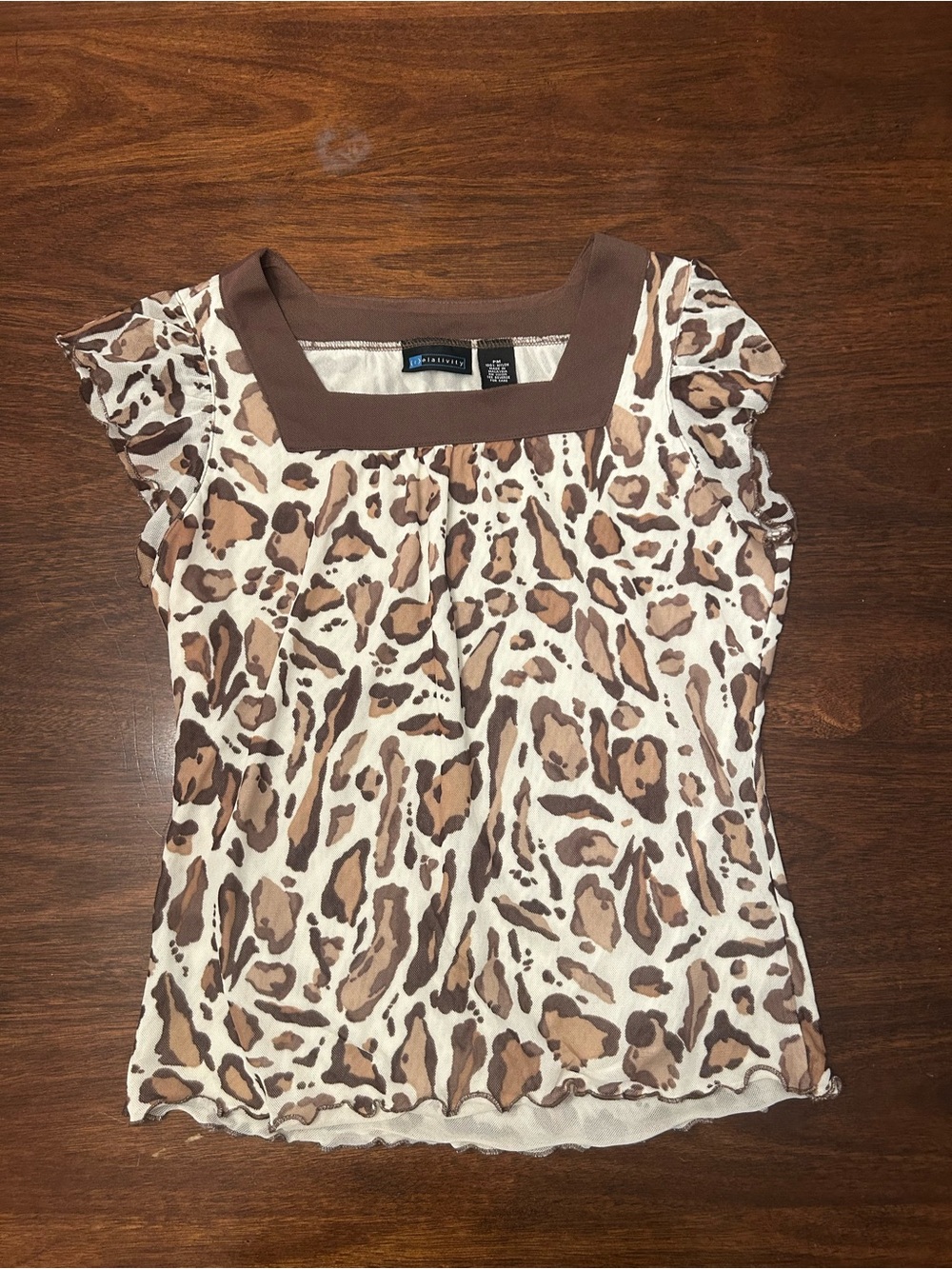 Relativity Brown and Cream Leopard-Print Square Neck Cap Sleeve Top